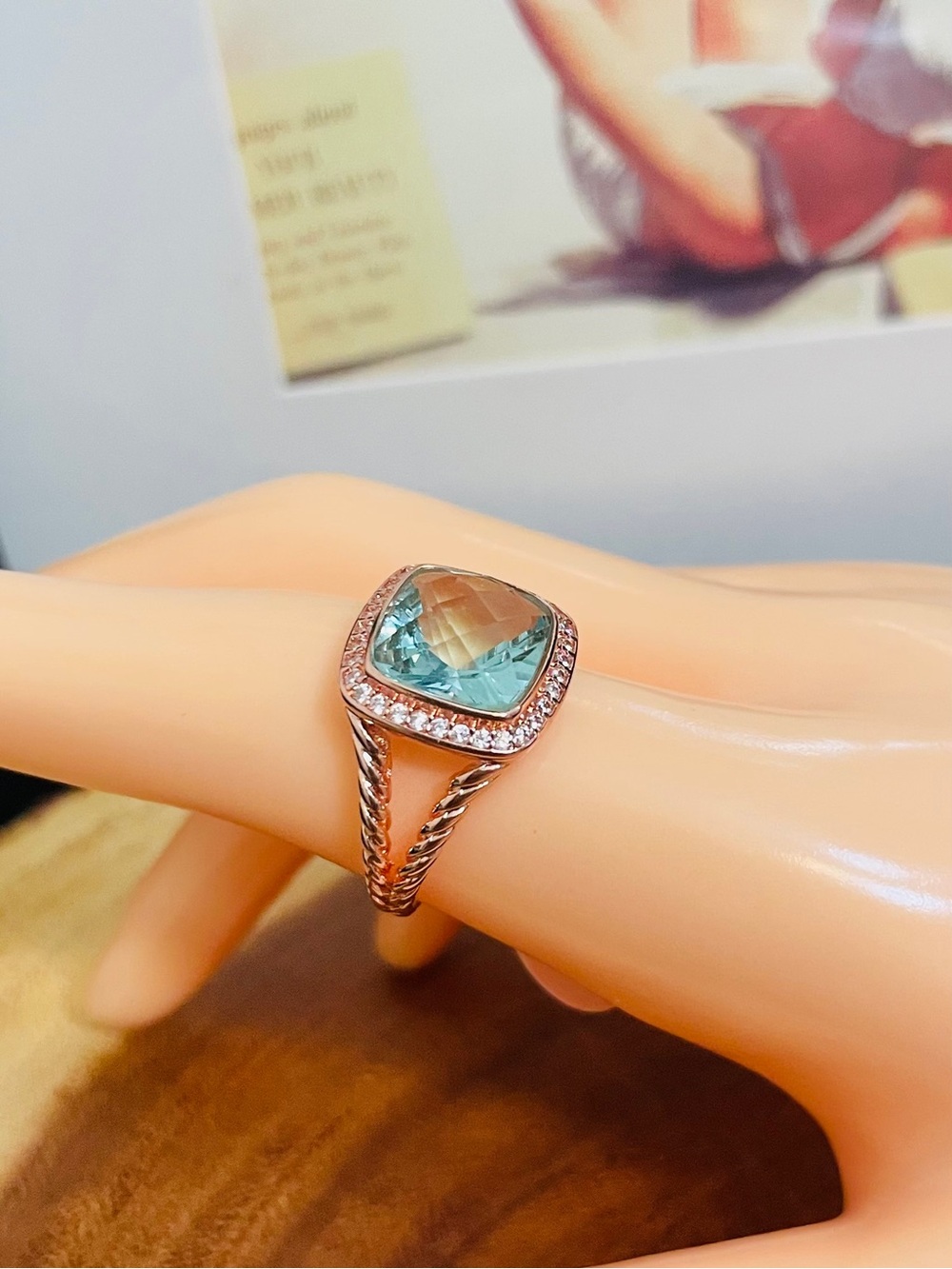 Cushion Cut Simulated Aquamarine Rose Gold Filled Halo Statement Ring